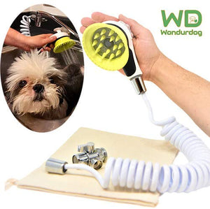 Wondurdog Quality Sink Faucet Pet Wash Kit | Innovative Shower Brush w/Splash Shield | 11 ft Recoil Hose & Metal Faucet Diverter | Kitchen, Bathroom, Utility, Laundry Sink | Faucet Adapters Included