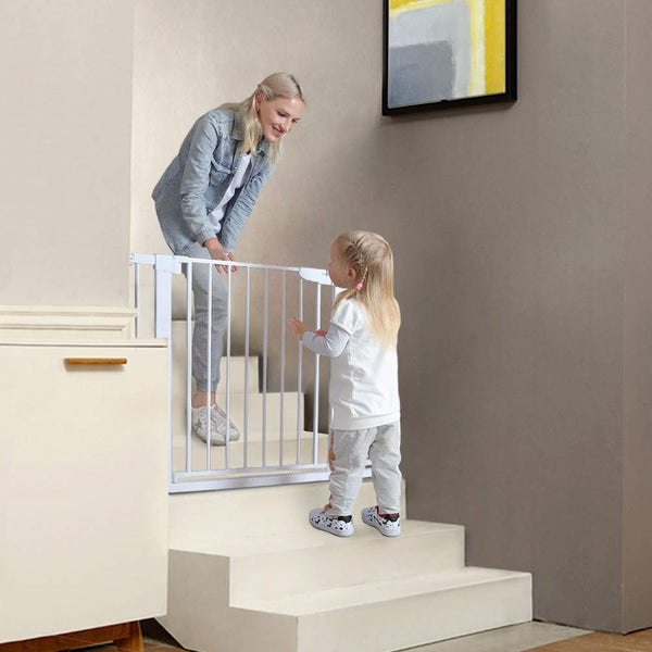 Cumbor 43.3” Auto Close Safety Baby Gate, Extra Tall and Wide Child Gate, Easy Walk Thru Durability Dog Gate for The House, Stairs, Doorways. Includes 4 Wall Cups, 2.75-Inch and 8.25-Inch Extension