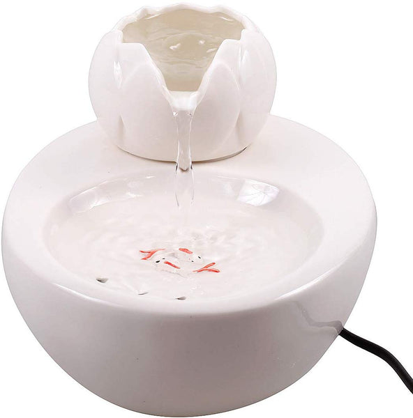 ROSE CREATE Ceramic Cat Drinking Water Fountain, 1.3 Liters Pet Water Fountains for Cats and Dogs, Electric Pet Water Dispenser with Quiet Pump and 5 Replacement Filters - White Lotus Style