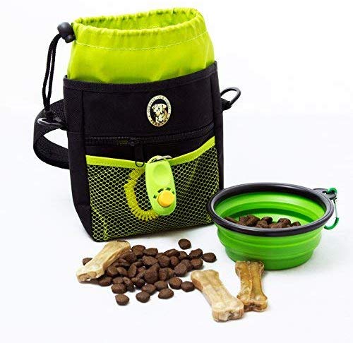 PERRAMA Dog Treat Bag, Training Pouch for Small and Large Dogs with Clicker and Collapsible Food Bowl BPA Free – Pet Treats Tote Bag with Waist and Shoulder Reflective Straps and Belt Clip