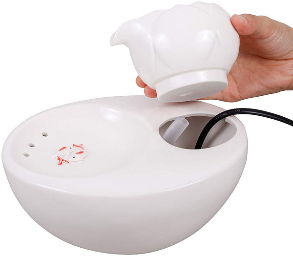ROSE CREATE Ceramic Cat Drinking Water Fountain, 1.3 Liters Pet Water Fountains for Cats and Dogs, Electric Pet Water Dispenser with Quiet Pump and 5 Replacement Filters - White Lotus Style