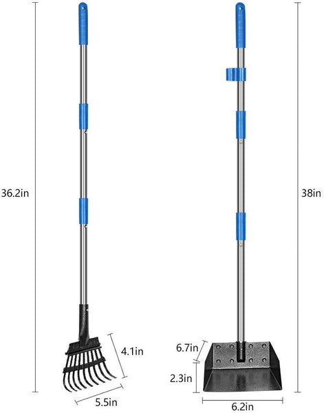 QiMH Dog Pooper Scooper, Long Handle Stainless Metal Pet Poop Tray and Rake Set for Small Medium Dogs Waste Removal, Clean Response Dog Waste Bin & Rake