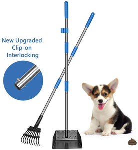 QiMH Dog Pooper Scooper, Long Handle Stainless Metal Pet Poop Tray and Rake Set for Small Medium Dogs Waste Removal, Clean Response Dog Waste Bin & Rake