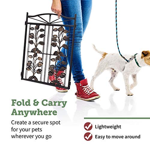 Hoovy Freestanding Metal Pet Gate: Foldable & Extendable Dog & Puppy Gate for Home & Office Use | Keeps Pets Safe | No Assembly Required | Portable & Durable Design (Metal Leaf Design)