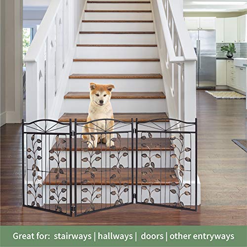 Hoovy Freestanding Metal Pet Gate: Foldable & Extendable Dog & Puppy Gate for Home & Office Use | Keeps Pets Safe | No Assembly Required | Portable & Durable Design (Metal Leaf Design)