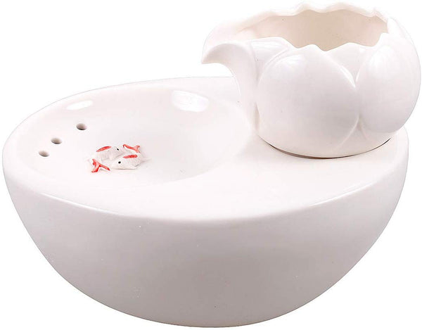 ROSE CREATE Ceramic Cat Drinking Water Fountain, 1.3 Liters Pet Water Fountains for Cats and Dogs, Electric Pet Water Dispenser with Quiet Pump and 5 Replacement Filters - White Lotus Style