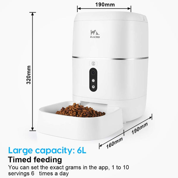 Zacro 6L Automatic Cat Dog Feeder - WiFi Automatic Pet Smart Feeder Food Dispenser, 1080P HD WiFi Pet Camera with Night Vision and 2-Way Audio Communication, Wi-Fi Enabled App for iOS/Android