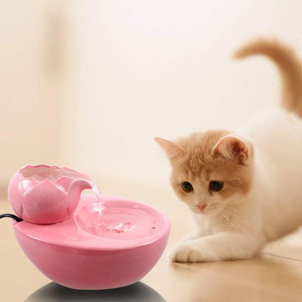 ROSE CREATE Ceramic Cat Drinking Water Fountain, 1.3 Liters Pet Water Fountains for Cats and Dogs, Electric Pet Water Dispenser with Quiet Pump and 5 Replacement Filters - Pink Lotus Style