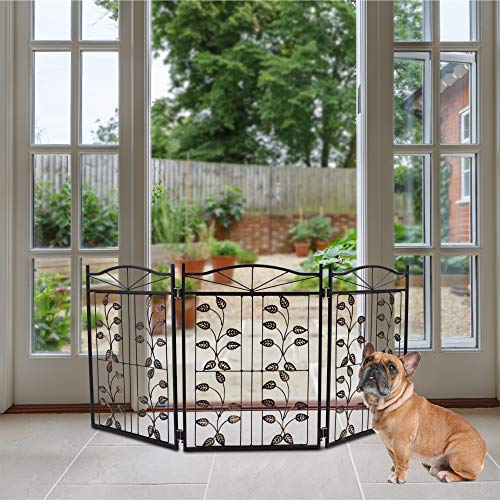 Hoovy Freestanding Metal Pet Gate: Foldable & Extendable Dog & Puppy Gate for Home & Office Use | Keeps Pets Safe | No Assembly Required | Portable & Durable Design (Metal Leaf Design)