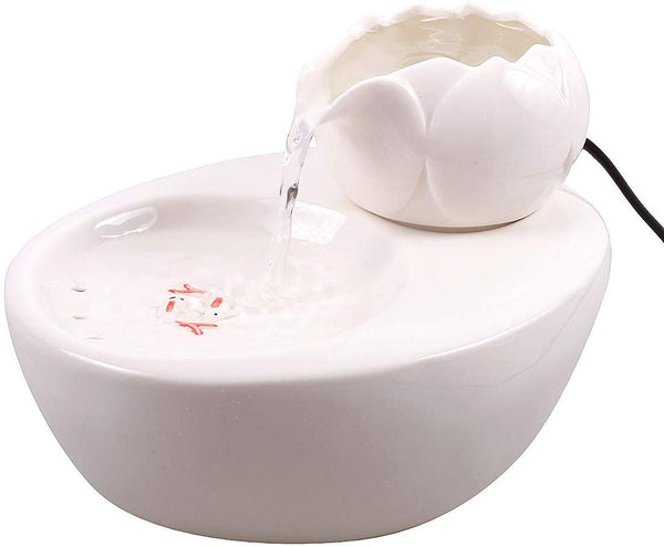 ROSE CREATE Ceramic Cat Drinking Water Fountain, 1.3 Liters Pet Water Fountains for Cats and Dogs, Electric Pet Water Dispenser with Quiet Pump and 5 Replacement Filters - White Lotus Style