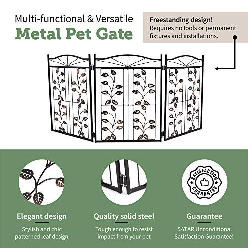 Hoovy Freestanding Metal Pet Gate: Foldable & Extendable Dog & Puppy Gate for Home & Office Use | Keeps Pets Safe | No Assembly Required | Portable & Durable Design (Metal Leaf Design)