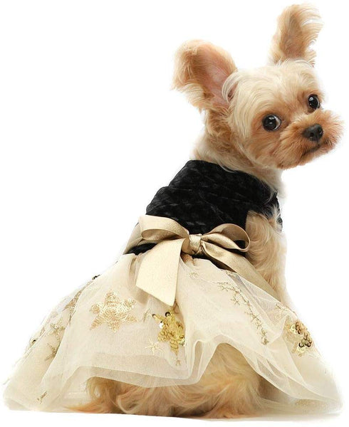 Fitwarm Embroidery Sequins Dog Dresses Tulle Pet Clothes Cat Gown Black