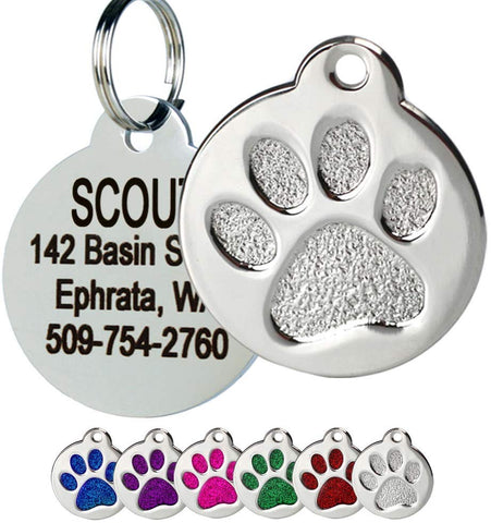 GoTags Paw Print Round Stainless Steel Pet Tag for Dogs and Cats, Personalized with 4 Lines of Custom Engraved ID, in Solid Stainless Steel and 5 Enameled Colors: Blue, Green, Pink, Purple and Red