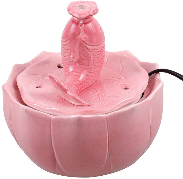 ROSE CREATE Ceramic Cat Drinking Water Fountain, 1.5 Liters Pet Water Fountains for Cats and Dogs, Electric Pet Water Dispenser with Quiet Pump and 5 Replacement Filters - Pink Carp Style