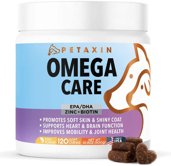 Petaxin Omega Fish Oil for Dogs - Skin and Coat Supplement Chews with EPA, DHA, and Omega-3 Fatty Acids - for Shiny Coats, Itch Free Skin, Hip & Joint Support, Heart & Brain Health - 120 Soft Chews