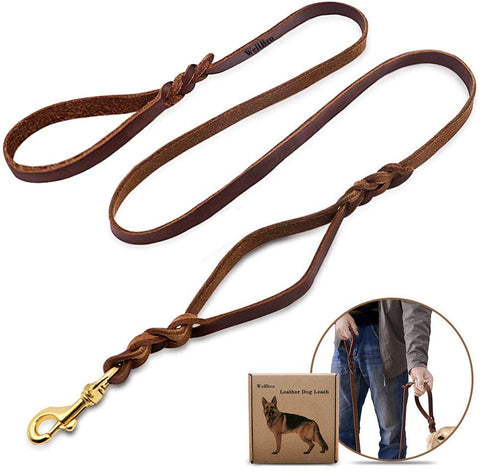 Wellbro Luxury Genuine Leather Double Handle Dog Leash, Braided Training Lead with Traffic Handle, Easy Control and Heavy Duty, 1.8cm Width by 6ft Length, Brown