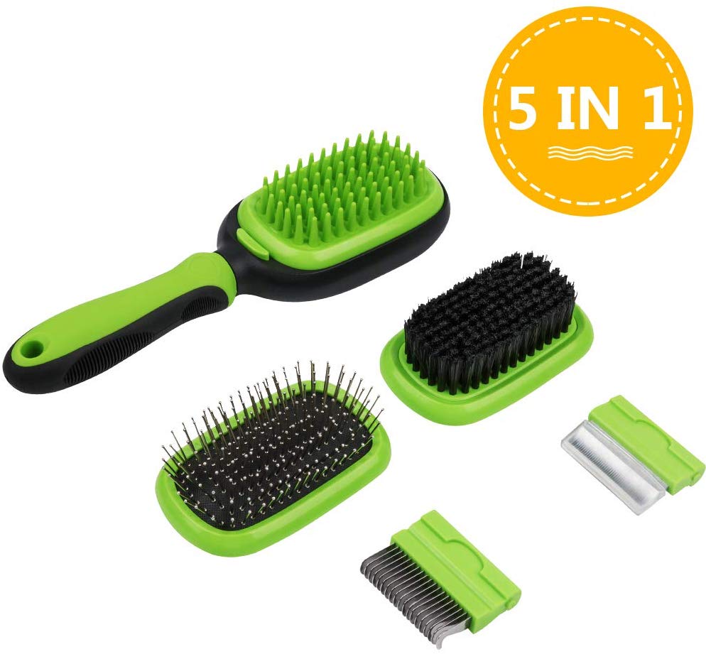 AriTan Updated Pet Brush 5 in 1, Dog and Cat Shedding Grooming Tools Suitable for Long or Short Hair Removes Undercoat, Dander, Dirt, Massages, Improves Circulation