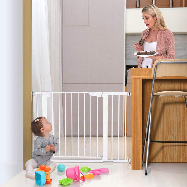 Cumbor 43.3” Auto Close Safety Baby Gate, Extra Tall and Wide Child Gate, Easy Walk Thru Durability Dog Gate for The House, Stairs, Doorways. Includes 4 Wall Cups, 2.75-Inch and 8.25-Inch Extension