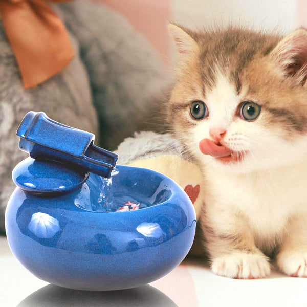 ROSE CREATE Ceramic Cat Drinking Water Fountain, 1.4 Liters Pet Water Fountains for Cats and Dogs, Electric Pet Water Dispenser with Quiet Pump and 5 Replacement Filters - Blue Bamboo Style