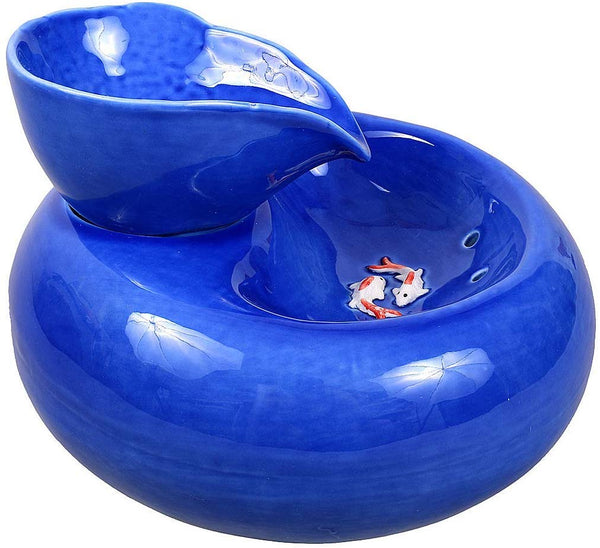 ROSE CREATE Ceramic Cat Drinking Water Fountain, 1.3 Liters Electric Pet Water Fountains for Cats and Dogs, Pet Water Dispenser with Quiet Pump and 5 Replacement Filters - Blue Leaf Style