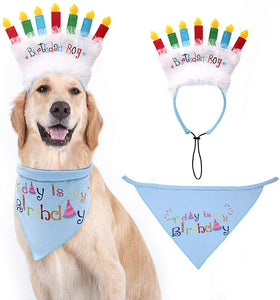 Dog Birthday Bandana with Birthday Candle Headband - Pet Birthday Gift Decorations Set, Soft Scarf & Adorable Hat for Party Accessory