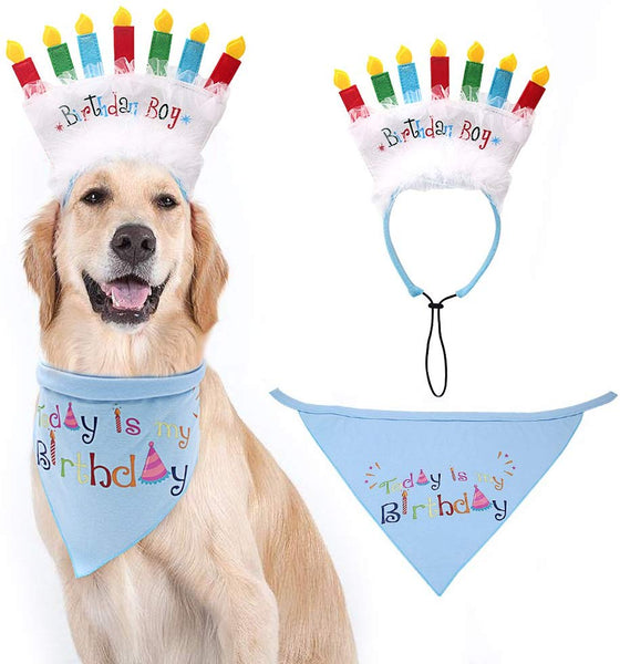 Dog Birthday Bandana with Birthday Candle Headband - Pet Birthday Gift Decorations Set, Soft Scarf & Adorable Hat for Party Accessory