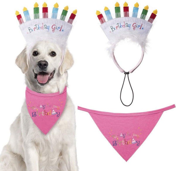 Dog Birthday Bandana with Birthday Candle Headband - Pet Birthday Gift Decorations Set, Soft Scarf & Adorable Hat for Party Accessory