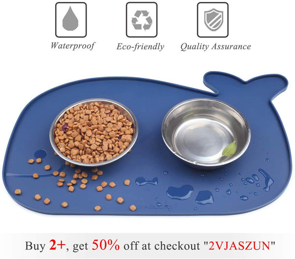 VIVAGLORY Pet Food Mat with Raised Edge, Large (23.6" x 15.7") or Small (18.9" x 11.8") Waterproof Food Grade Silicone Feeding mat for Kitty Puppy Cat Dog