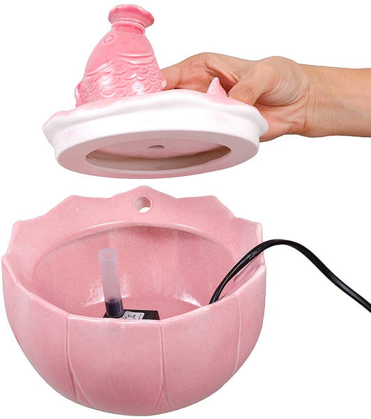 ROSE CREATE Ceramic Cat Drinking Water Fountain, 1.5 Liters Pet Water Fountains for Cats and Dogs, Electric Pet Water Dispenser with Quiet Pump and 5 Replacement Filters - Pink Carp Style