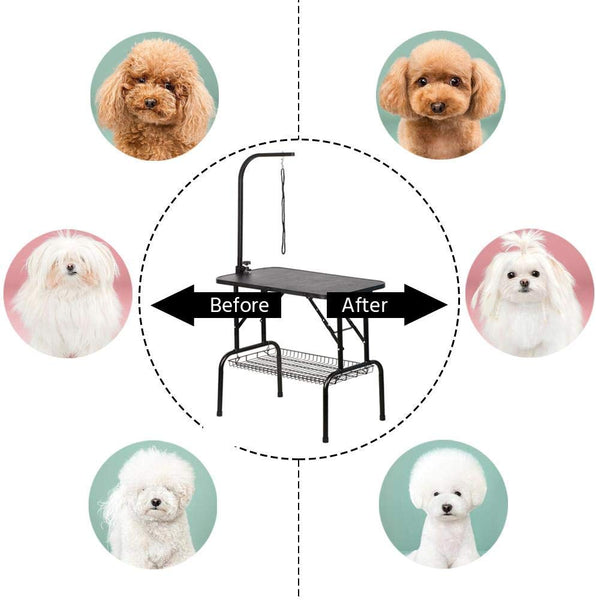 Yaheetech Portable Small Pet Dog Grooming Table Adjustable Height - 32\/45-inch Drying Table w\/Arm\/Noose\/Mesh Tray for Small Dogs Cats Non-Slip Maximum Capacity Up to 220lbs Black