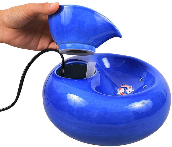 ROSE CREATE Ceramic Cat Drinking Water Fountain, 1.3 Liters Electric Pet Water Fountains for Cats and Dogs, Pet Water Dispenser with Quiet Pump and 5 Replacement Filters - Blue Leaf Style