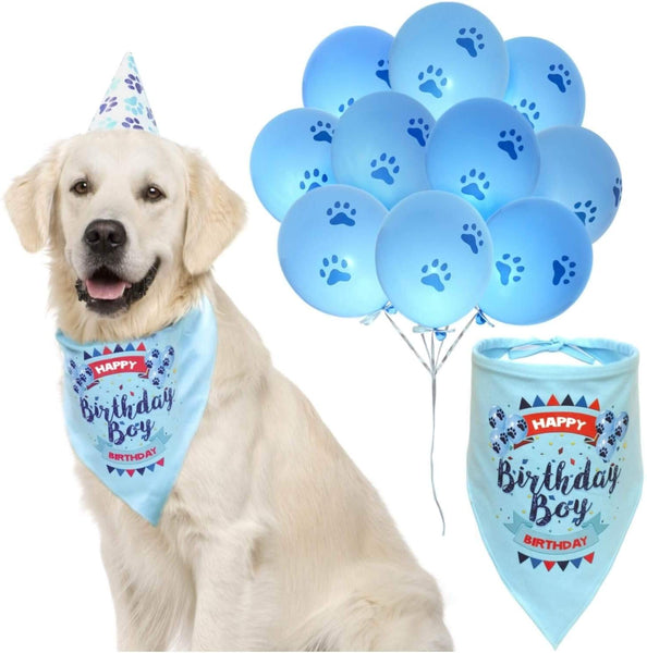 ZOOniq Dog Birthday Boy Bandana with Paw Print Party Cone Hat and 10 Balloons - Great Dog Birthday Outfit and Decoration Set - Perfect Dog or Puppy Birthday Gift