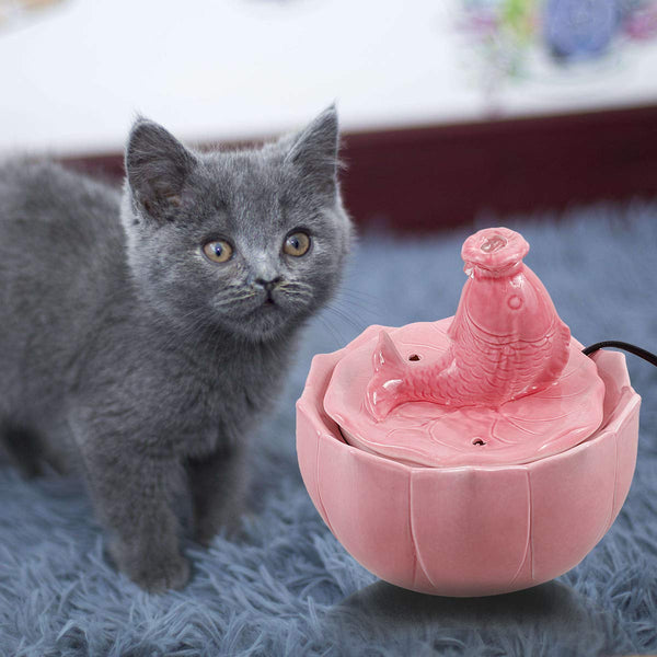 ROSE CREATE Ceramic Cat Drinking Water Fountain, 1.5 Liters Pet Water Fountains for Cats and Dogs, Electric Pet Water Dispenser with Quiet Pump and 5 Replacement Filters - Pink Carp Style