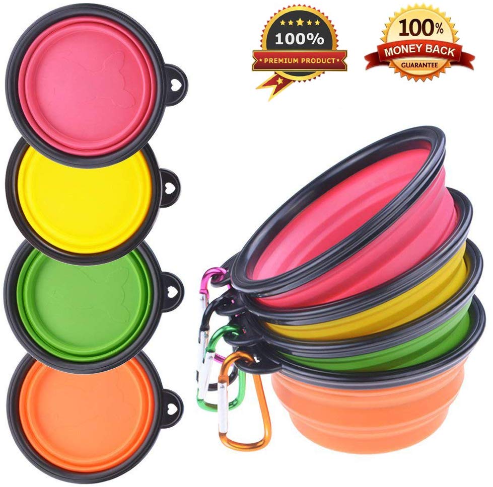 PetBonus 4-Pack Silicone Collapsible Dog Bowls, BPA Free and Dishwasher Safe, Portable and Foldable Travel Bowls-with 4-Color Carabiners Per Set