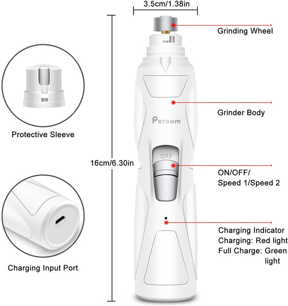 Dog Nail Grinder, 2-Speed Electric Dog Nail Clippers Trimmer Grinder, Portable Rechargeable Low Noise Pet Nail Grinder for Small Medium Large Dogs Cats Pets Painless Paws Grooming, 2 Grinding Wheels