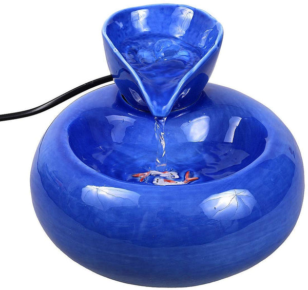 ROSE CREATE Ceramic Cat Drinking Water Fountain, 1.3 Liters Electric Pet Water Fountains for Cats and Dogs, Pet Water Dispenser with Quiet Pump and 5 Replacement Filters - Blue Leaf Style