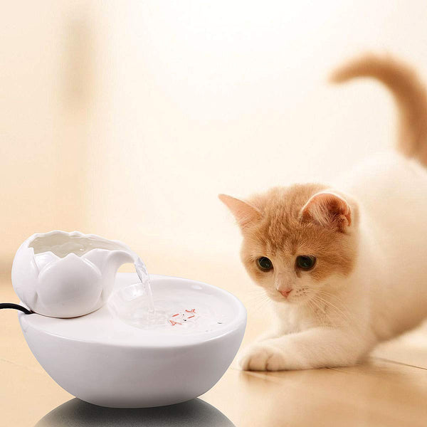 ROSE CREATE Ceramic Cat Drinking Water Fountain, 1.3 Liters Pet Water Fountains for Cats and Dogs, Electric Pet Water Dispenser with Quiet Pump and 5 Replacement Filters - White Lotus Style
