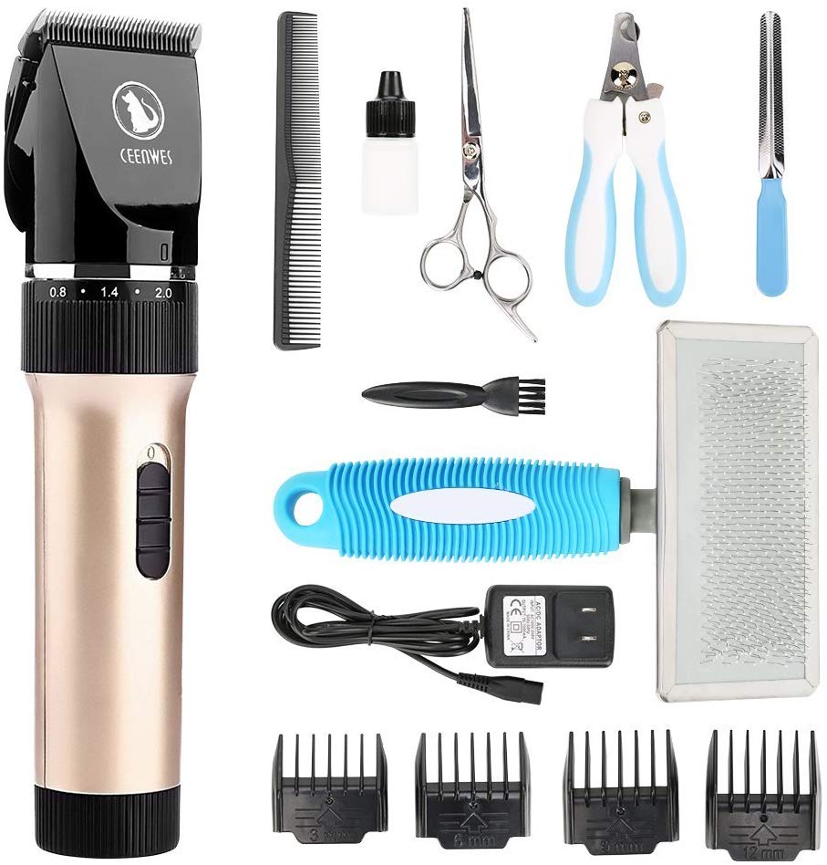 Ceenwes Pet Clippers (Upgrade Version) Low Noise Professional Dog Clippers Rechargeable Cordless Pet Clipper Trimmers Pet Hair Grooming Kit with Slicker Brush for Cats Dogs and Other Animals