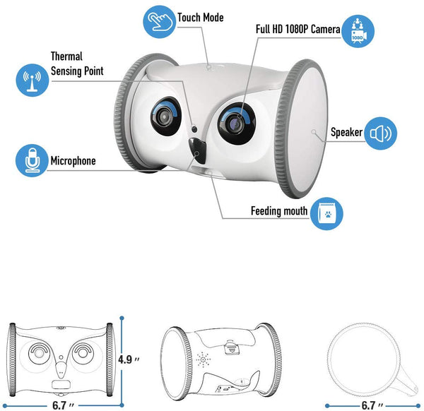 SKYMEE Owl Robot: Mobile Full HD Pet Camera with Treat Dispenser, Interactive Toy for Dogs and Cats, Romote Control via App