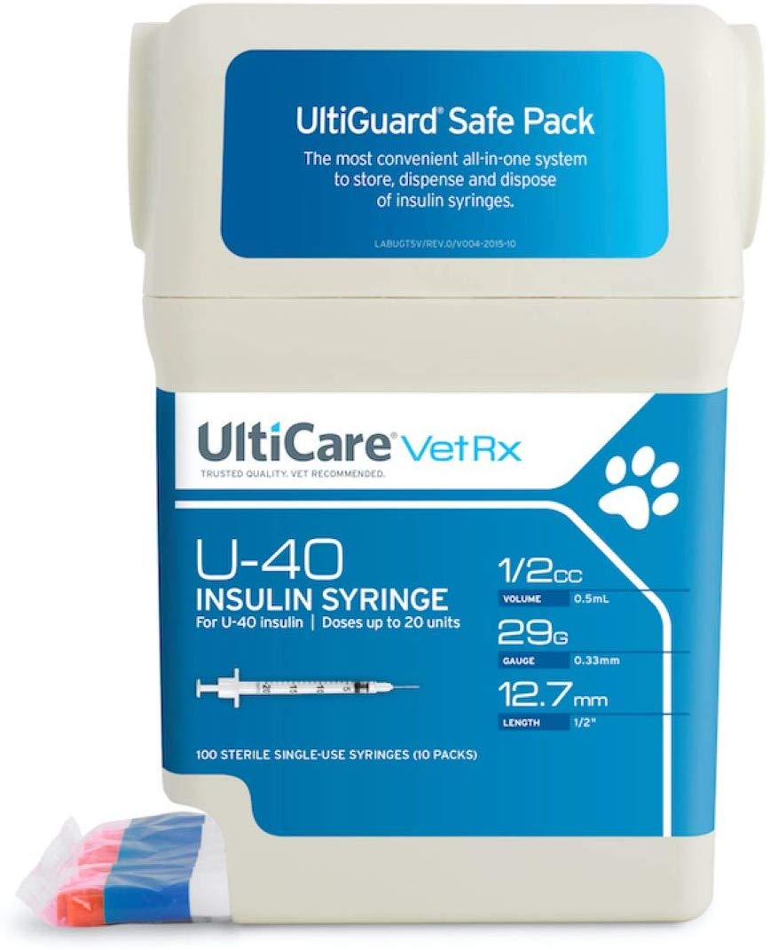 UltiCare VetRx U-40 UltiGuard Safe Pack Pet Insulin Syringes 1\/2cc, 29G x 1\/2", 100ct