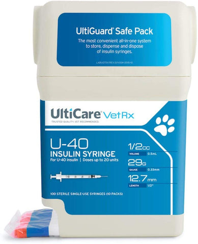 UltiCare VetRx U-40 UltiGuard Safe Pack Pet Insulin Syringes 1\/2cc, 29G x 1\/2", 100ct