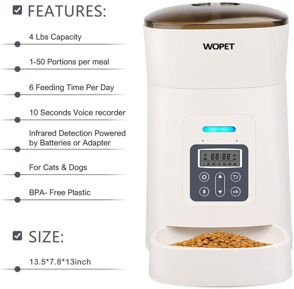 WOPET 6 Meal Pet Feeder,Automatic Pet Dog and Cat Feeder, Auto Pet Feeder Food Dispenser with Distribution Alarms, Portion Control, Voice Recorder, Programmable Timer