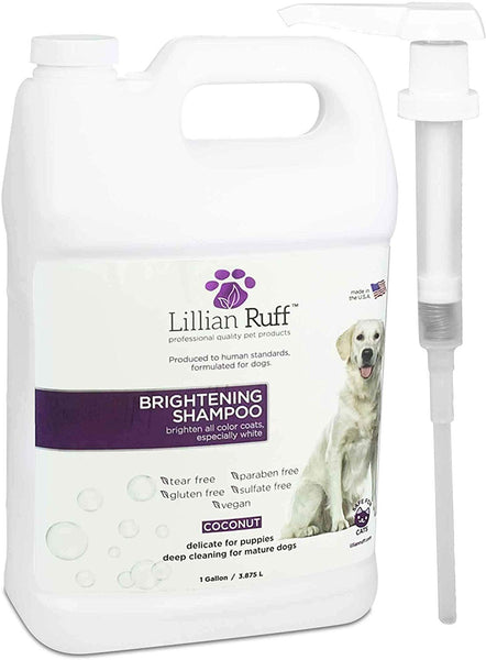 Lillian Ruff Brightening & Whitening Shampoo for Dogs – Safe for Cats - Tear Free Coconut Scent with Aloe for Normal, Dry & Sensitive Skin – Adds Shine & Luster to Coats