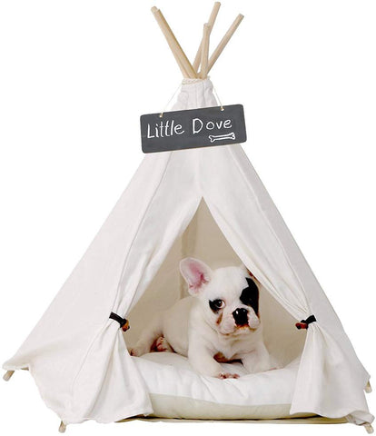 little dove Pet Teepee Dog(Puppy) & Cat Bed - Portable Pet Tents & Houses for Dog(Puppy) & Cat Beige Color 24 Inch (with or Without Optional Cushion)