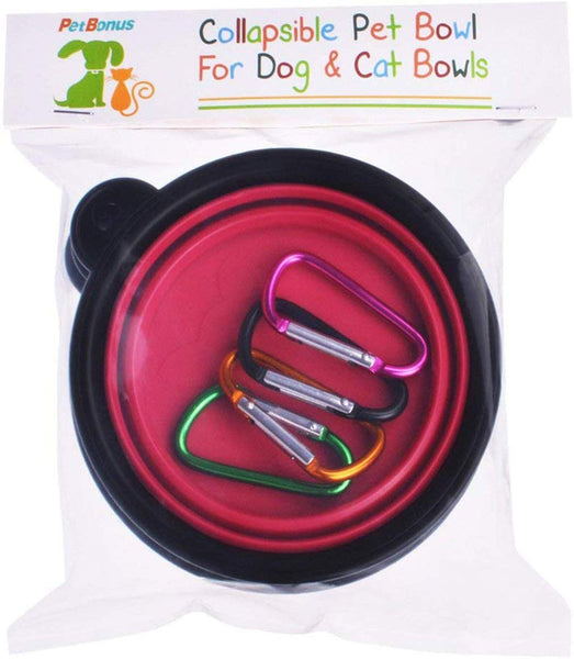 PetBonus 4-Pack Silicone Collapsible Dog Bowls, BPA Free and Dishwasher Safe, Portable and Foldable Travel Bowls-with 4-Color Carabiners Per Set