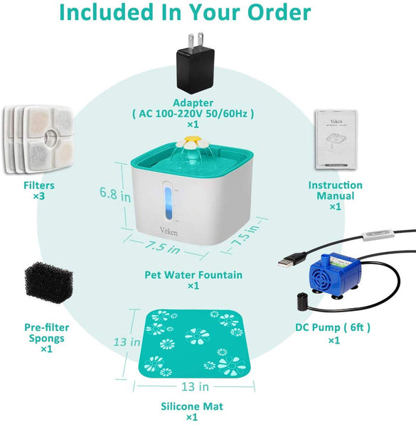 Veken Cat Water Fountain, 2.5L Automatic Pet Water Fountain Dog Water Dispenser with 3 Replacement Filters 1 Silicone Mat for Cats and Small to Medium Dogs