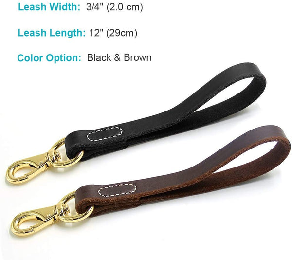 Fairwin Leather Short Dog Leash 12 Inch \/ 16 Inch - Short Dog Traffic Lead Leash for Large Dogs Training and Walking