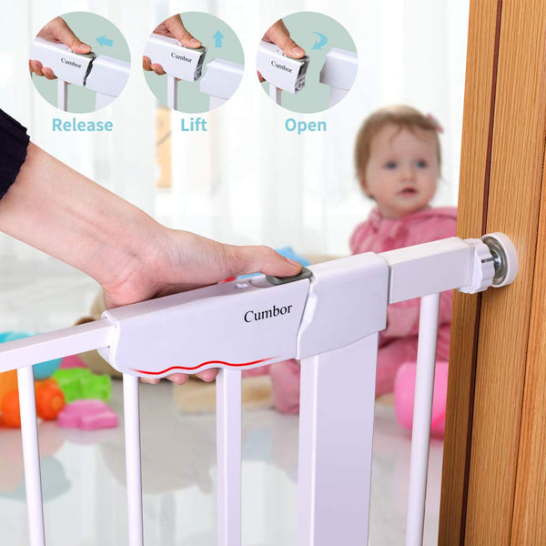 Cumbor 43.3” Auto Close Safety Baby Gate, Extra Tall and Wide Child Gate, Easy Walk Thru Durability Dog Gate for The House, Stairs, Doorways. Includes 4 Wall Cups, 2.75-Inch and 8.25-Inch Extension