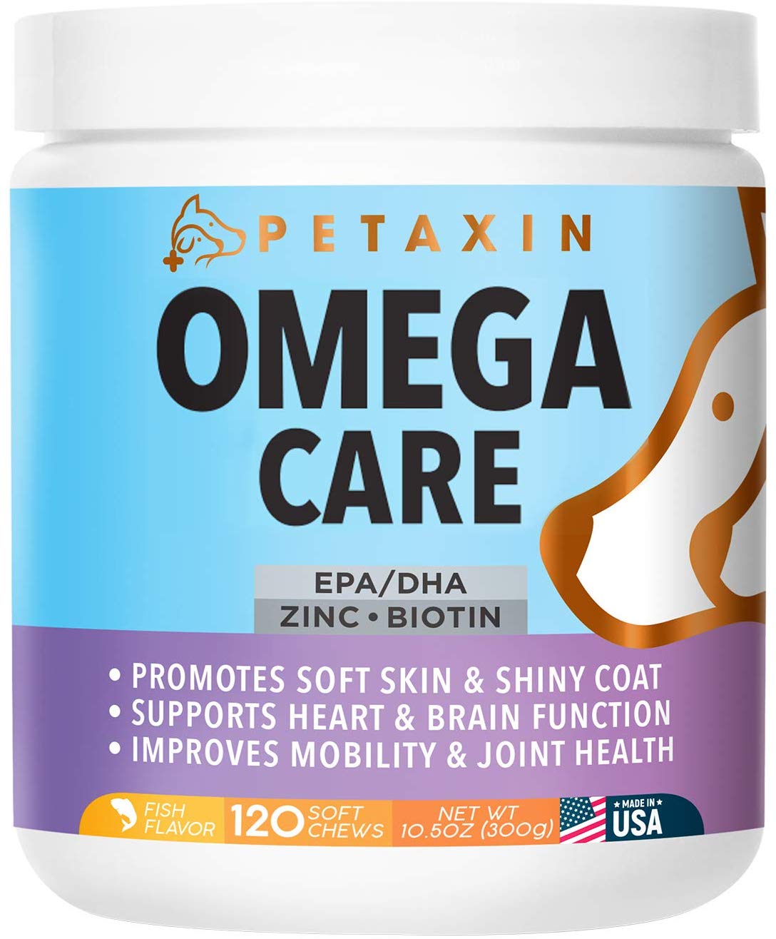 Petaxin Omega 3 Fish Oil for Dogs Chew - with EPA, DHA, and Biotin - Supports Healthy Skin, Shiny Coat, Hips & Joints, Heart Health, and Brain Function - Skin and Coat Supplement - Non-GMO - 120 Ct.