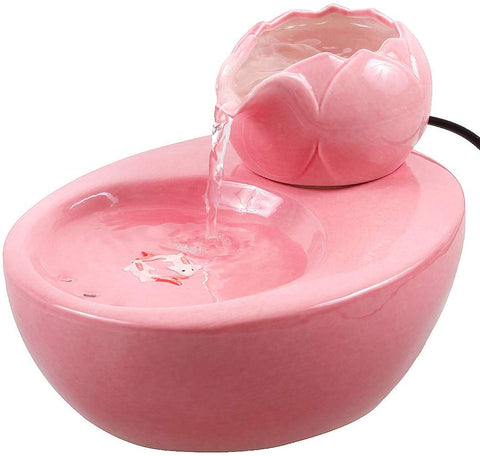 ROSE CREATE Ceramic Cat Drinking Water Fountain, 1.3 Liters Pet Water Fountains for Cats and Dogs, Electric Pet Water Dispenser with Quiet Pump and 5 Replacement Filters - Pink Lotus Style